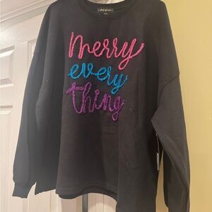 State of Mind Black Sweater with Pink and Blue Embroidery